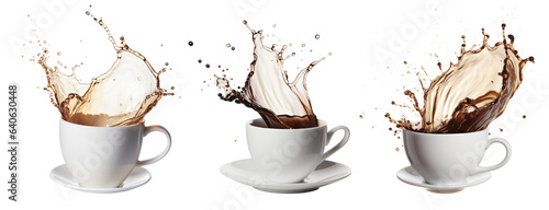 illustrations of a cup of coffee with splashes of coffee. Created with Generative AI