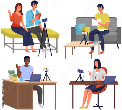 Bloggers man and woman recording video for blog. Video call podcast concept. People with smartphone talking to friend on screen at online meeting. Distance learning at educational platform with tablet