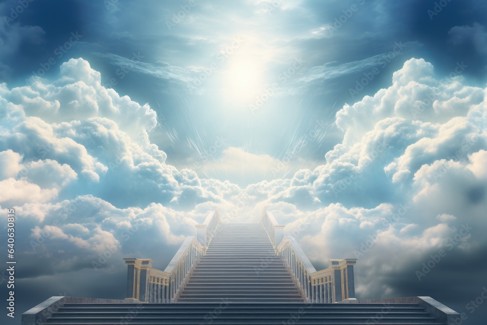 Stairs leading to the sky with cloud and heaven city. Generative AI