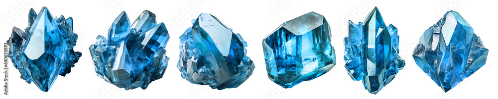  set of isolated illustrations blue gem crystals. Created with Generative AI - obrazy, fototapety, plakaty 