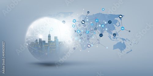 Internet of Things, Cloud Computing Design Concept with Transparent Globe, City, World Map and Icons Representing Devices and Services - Global Digital Network Connections, Smart Technology Concept