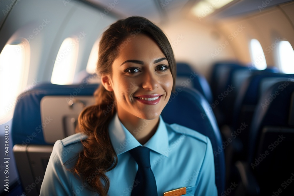 young female air hostess on plane welcoming people young female air hostess on plane welcoming people