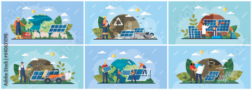 Green energy, urban landscape, ecology. Flat design vector concept illustration. Solar energy, technological solar panels. Solar photovoltaic power panels. Eco friendly. Sun renewable power plant