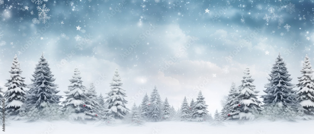 Christmas banner background, winter panoramic with snow-covered fir branches and snowfall flakes, Generative AI Christmas banner background, winter panoramic with snow-covered fir branches and snowfall flakes, Generative AI