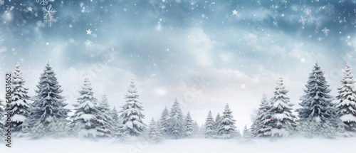 Christmas banner background, winter panoramic with snow-covered fir branches and snowfall flakes, Generative AI © Onchira