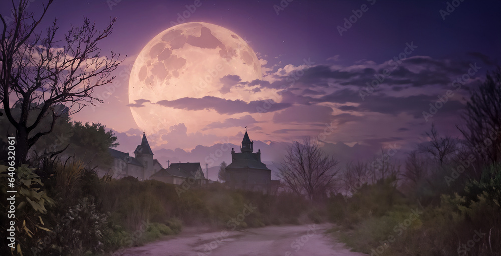 Terrible night landscape with a huge full moon. Background for Halloween.