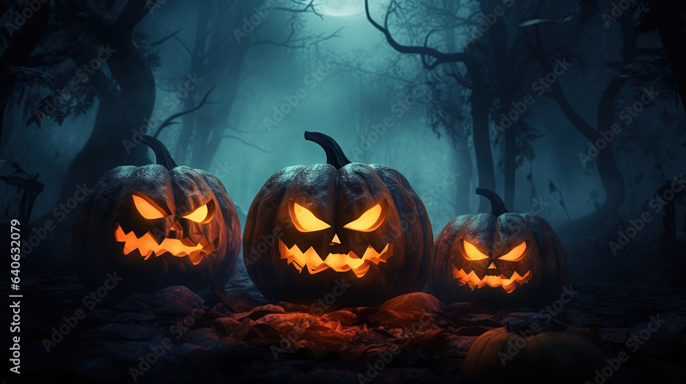 halloween pumpkins at night.Generative Ai halloween pumpkins at night.Generative Ai