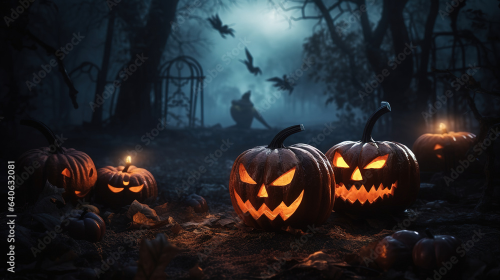 halloween pumpkins at night.Generative Ai