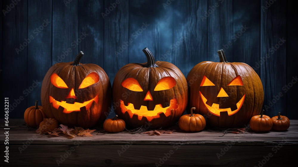 Obraz premium halloween pumpkins at night.Generative Ai