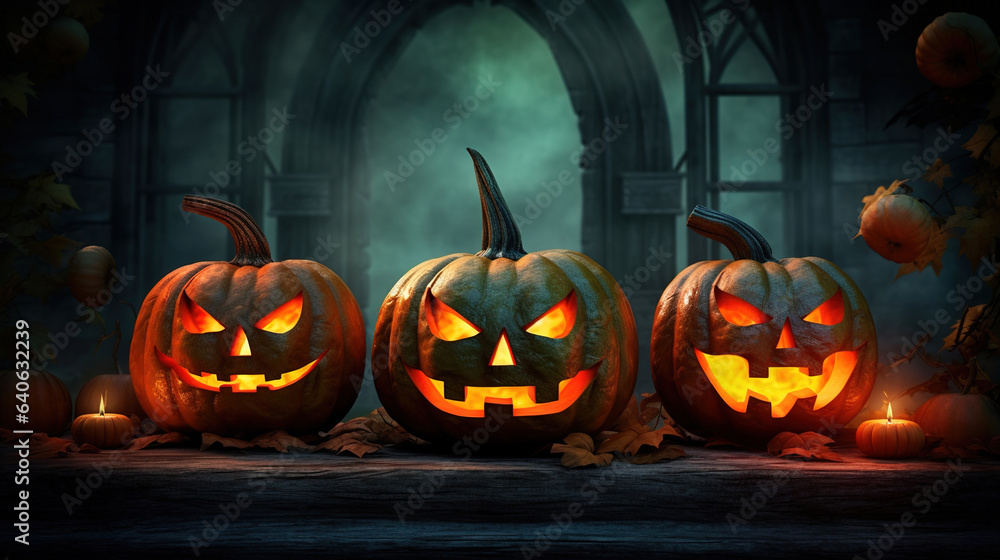 Fototapeta premium halloween pumpkins at night.Generative Ai