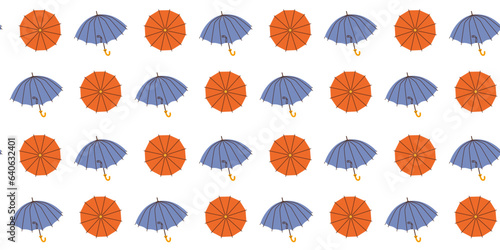 Seamless pattern with hand drawn blue red opened umbrellas on white background in flat cartoon style. For background, packaging, textile