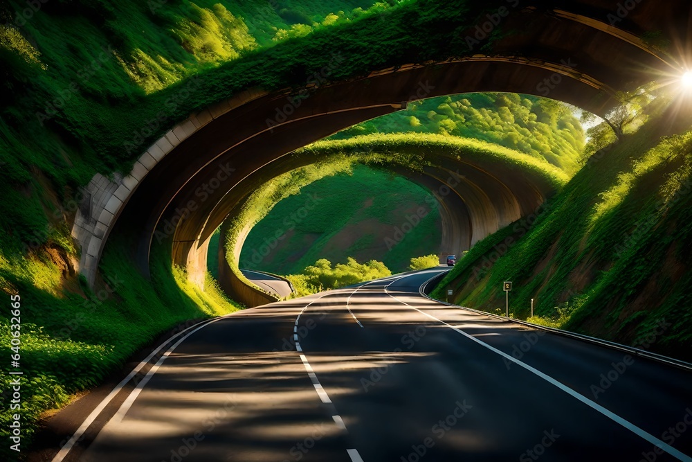 Obraz premium Embark on a mesmerizing journey as you enter this beautiful, super realistic highway tunnel emerging from a breathtaking hill