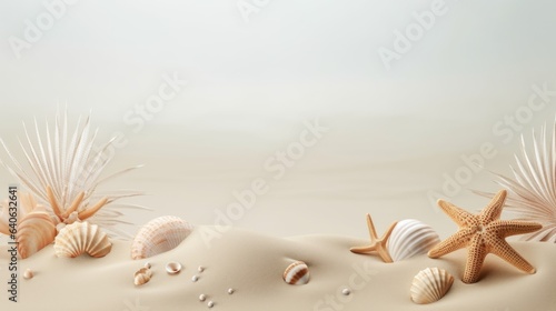 Sea sand beach mockup background with seashells, starfish. Travel holiday background © Tori