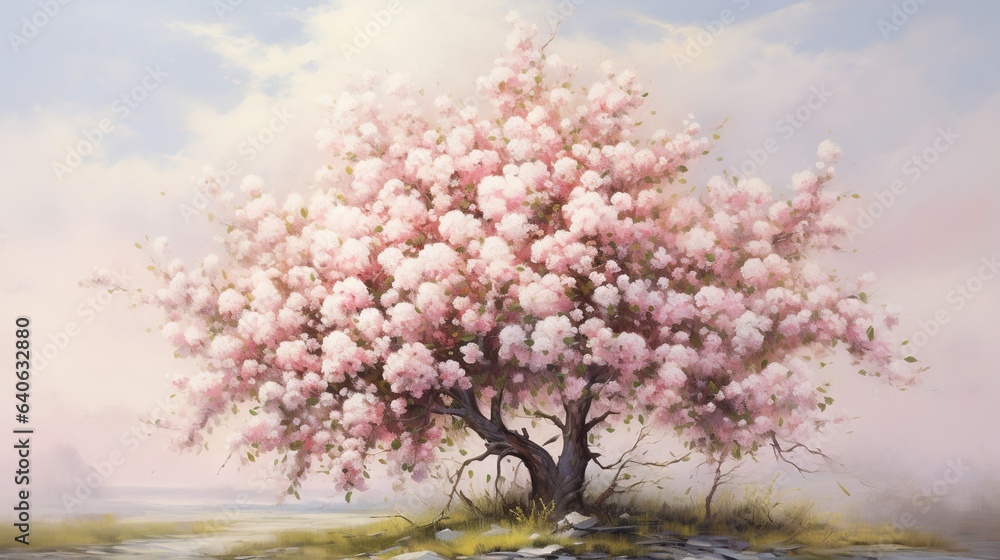 Obraz premium a painting of a tree with pink flowers on it's branches. generative ai