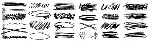 Black inked chacroal pen scribbles and scrawls, bold marker doodles, handdrawn stripes and highlights. Grungy textured crayon pencil brushstrokes. Vector illustration.