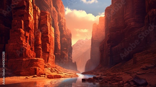 Canyon with towering cliffs, carved rock formations, and a winding river below. AI generated © PandaStockArt