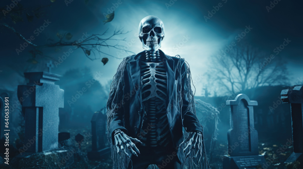 Fototapeta premium Skeleton Portrait in Moonlit Graveyard