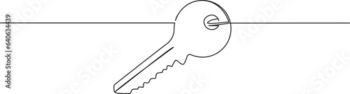 continuous single line drawing of front door key, line art vector illustration