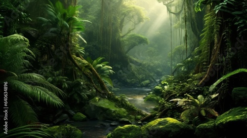 Lush green rainforest with dense foliage and towering trees. AI generated © PandaStockArt