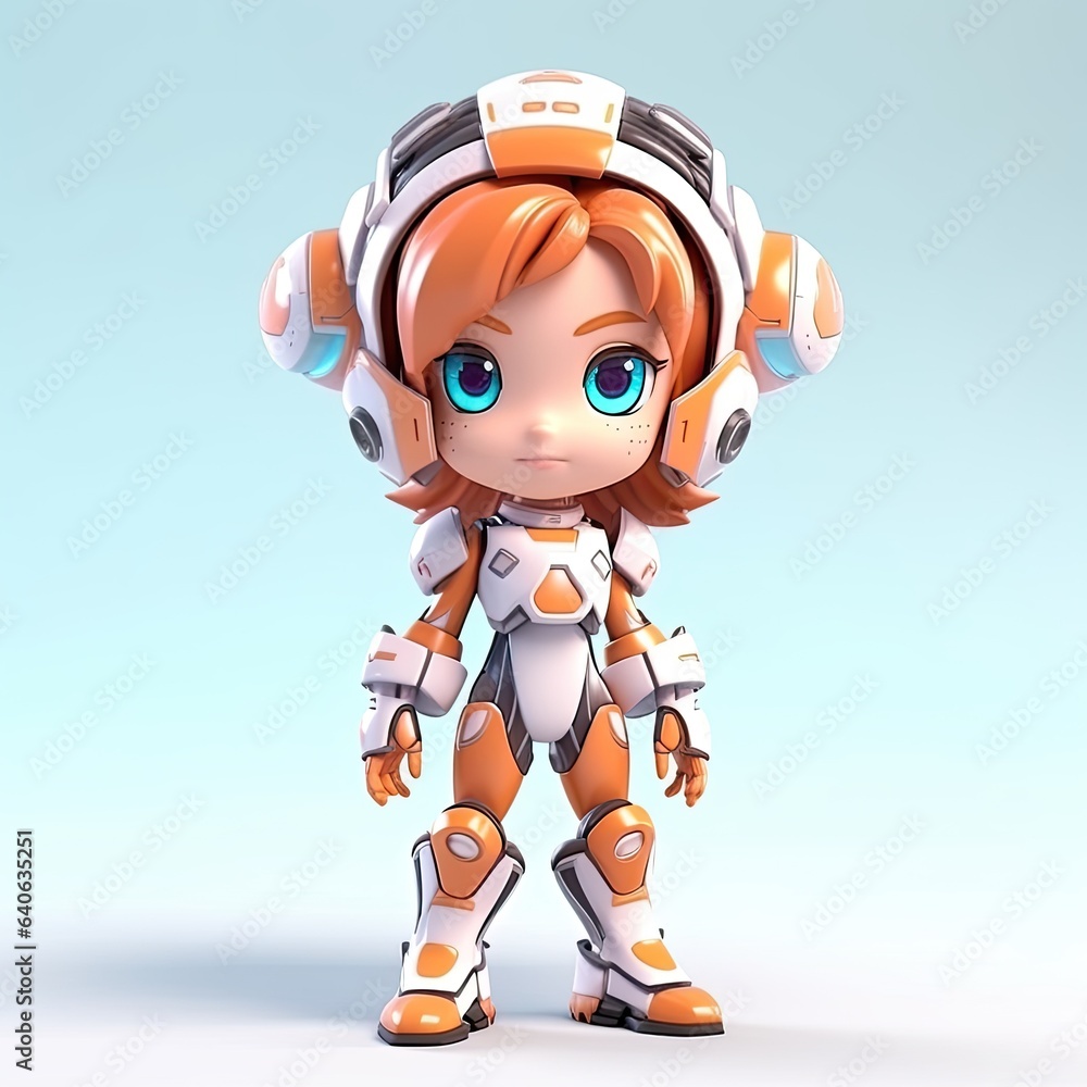 Cute girl in futuristic clothes on white background. chibi 3d character Cute girl in futuristic clothes on white background. chibi 3d character