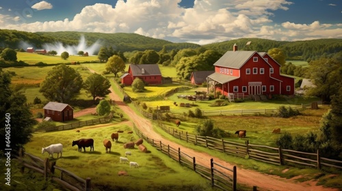 Picturesque charm of a countryside farm, with a red barn, rolling fields. AI generated