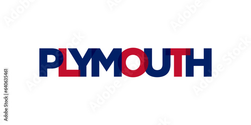 Plymouth city in the United Kingdom design features a geometric style illustration with bold typography in a modern font on white background.