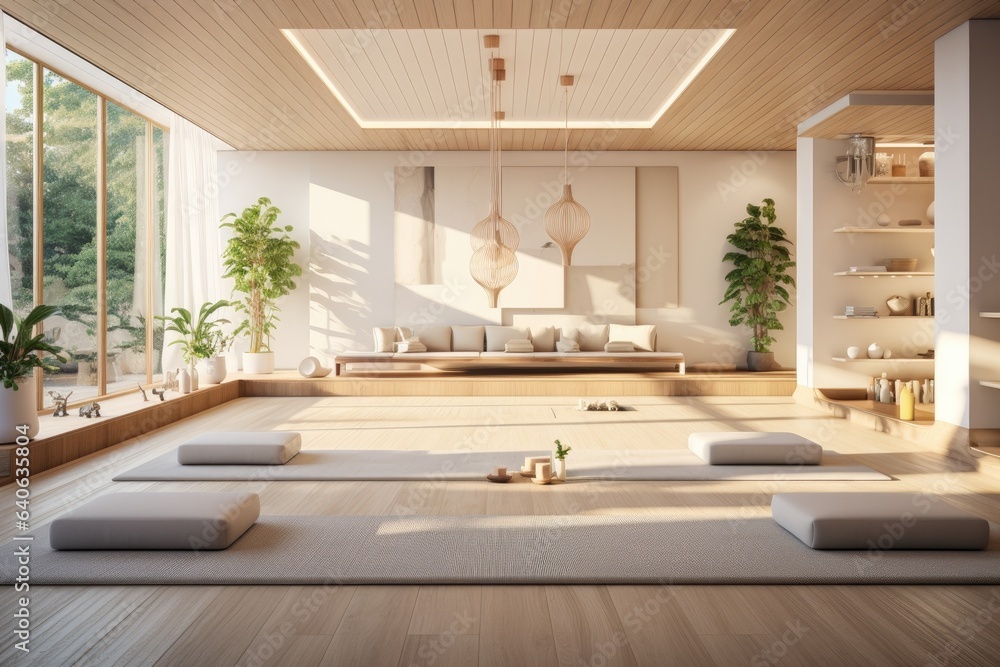 Yoga with mat lying on wood floor in a yoga studio. Generative AI Yoga with mat lying on wood floor in a yoga studio. Generative AI