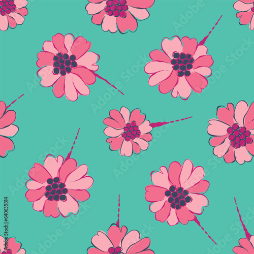 Hot pink Gerbera floral vector seamless pattern background. Line art hand drawn Barberton Daisy flower heads, blossom, petals. On blue backdrop .Botanical flowers repeat for garden concept, packaging