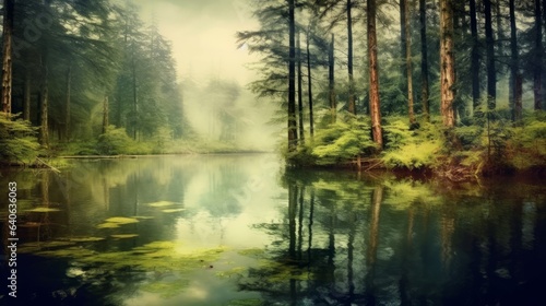 Tranquil forest lake surrounded by tall trees, reflecting their beauty. AI generated © PandaStockArt