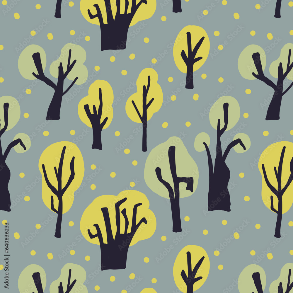 Cute and cozy autumn seamless pattern. Repeating freehand drawing for textiles, fabric background. Trees and branches on a gray background.