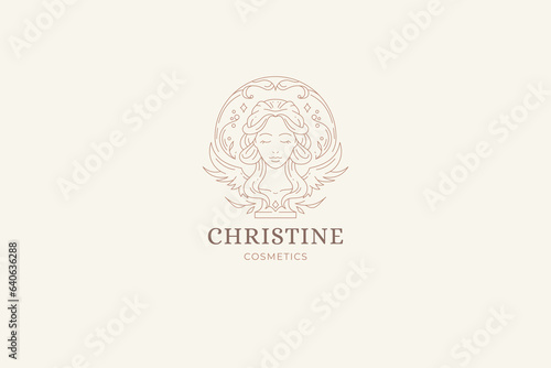 Sacred winged woman goddess bust mystery dream lady head line art logo design template vector