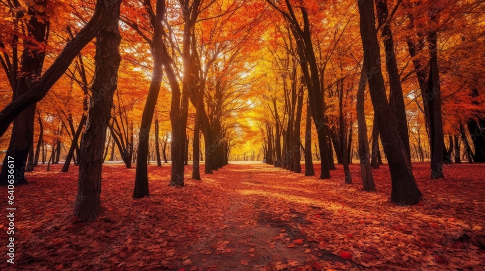 Vibrant autumn forest with trees and fallen leaves on the ground. AI generated