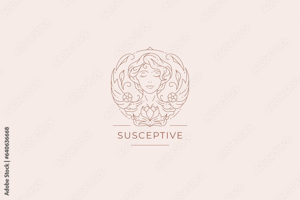 Romantic female portrait blossom flower leaves ornate line art logo design template vector Romantic female portrait blossom flower leaves ornate line art logo design template vector