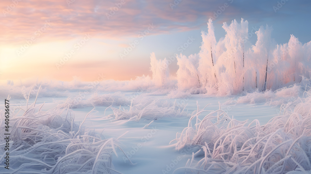 A snow-covered landscape bathed in the soft light of the first sunrise of the year offers a serene and refreshing view.