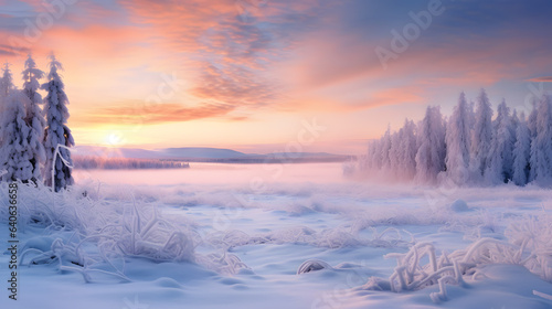 A snow-covered landscape bathed in the soft light of the first sunrise of the year offers a serene and refreshing view. © CanvasPixelDreams