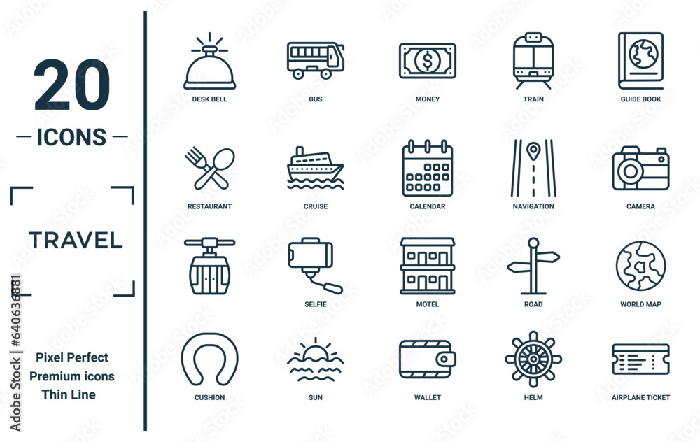 travel linear icon set. includes thin line desk bell, restaurant ...