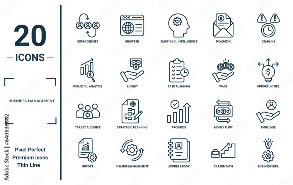 Vetor de business management linear icon set. includes thin line ...