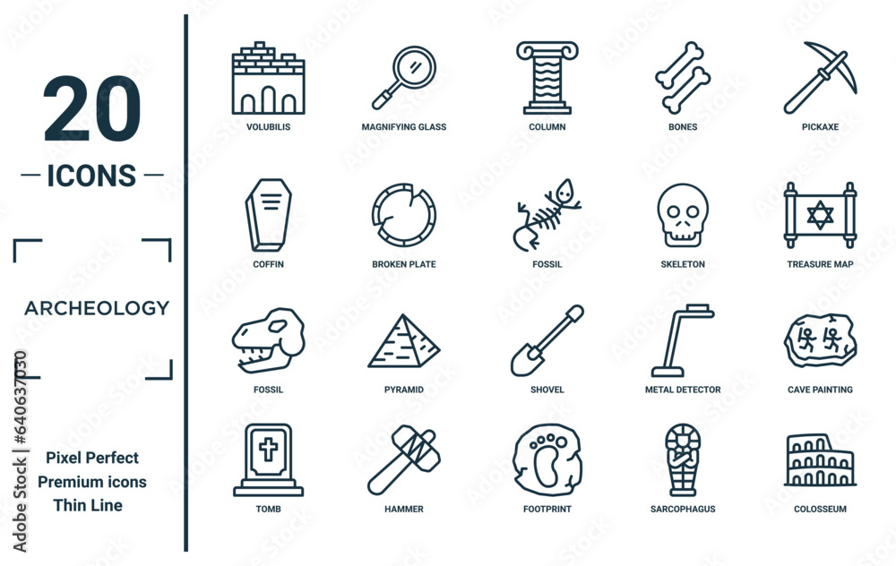 archeology linear icon set. includes thin line volubilis, coffin ...