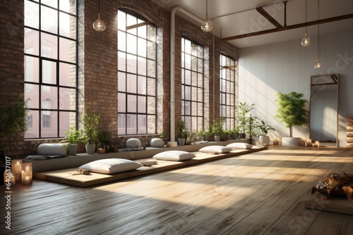Yoga with mat lying on wood floor in a yoga studio. Generative AI