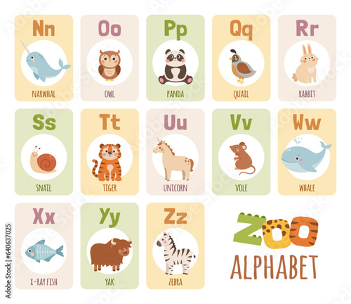 Cute cartoon zoo alphabet for kids. English alphabet cards with funny animals. Vector illustration