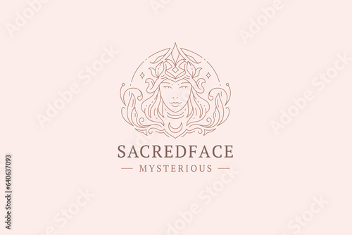 Elegant woman goddess portrait fantasy flourish silhouette line art logo design template vector