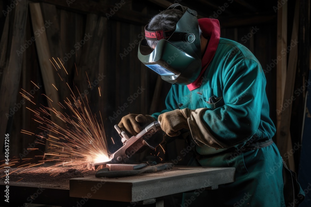 A skilled welder works in an industrial environment. Sparks fly from the skillful joining of the metal, which reflects the technical prowess. A skilled welder works in an industrial environment. Sparks fly from the skillful joining of the metal, which reflects the technical prowess.