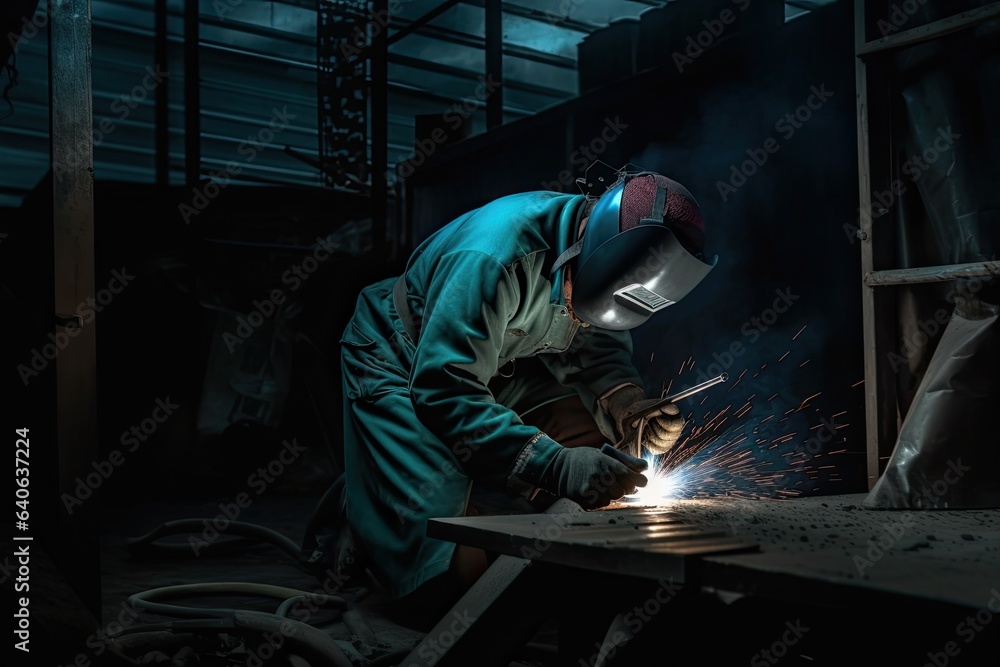 In an industrial environment, an experienced welder works with metal products in protective equipment. In an industrial environment, an experienced welder works with metal products in protective equipment.