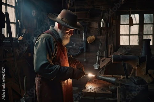 An experienced blacksmith works in an industrial workshop. Using traditional tools and craftsmanship.