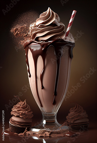 Delicious ?hocolate milkshake stands in a cozy cafe on the table. AI Generated photo