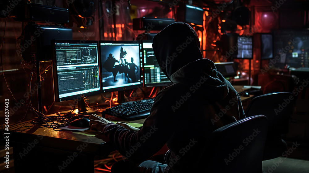 a hacker wearing a hoodie and sitting in front of multiple monitor.Generative Ai a hacker wearing a hoodie and sitting in front of multiple monitor.Generative Ai
