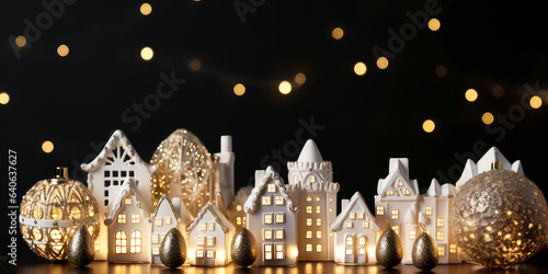 Christmas miniature scene of decorative little buildings, houses, lights,bokeh, lantern decorations on dark. New year, Xmas background.Winter greeting card. Holidays template.Generative ai