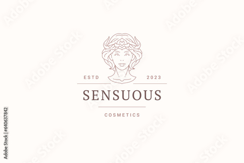 Mythology horned woman portrait elegant line art logo design template for beauty salon vector