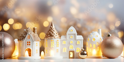  Christmas miniature scene of cozy town with festive little buildings,houses, lights,bokeh, lantern decorations.New year, Xmas background.Winter magical card.Wanderland.Holidays template.Generative ai