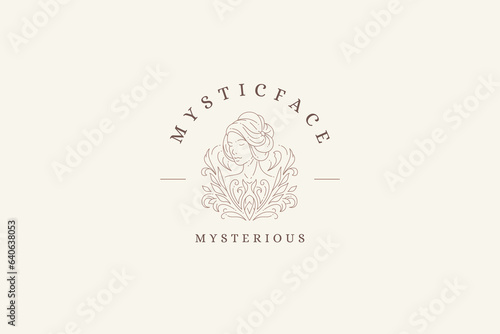 Gentle floral leaves woman portrait bohemian silhouette line art logo design template vector